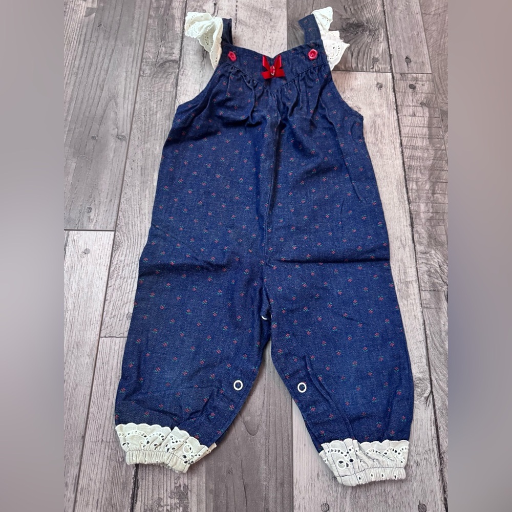 Vintage Healthtex Denim Navy Floral Lace-Trim Jumpsuit Red Accents Retro 90โs - Picture 1 of 8